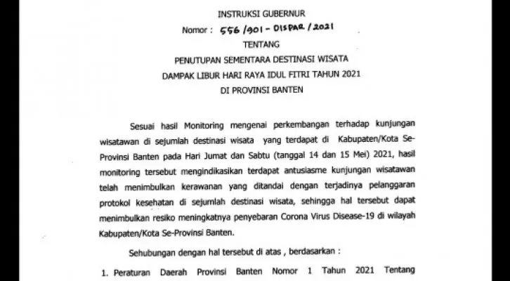 Kebijakan Gubernur Banten yang menutup tempat wisata di Banten. (ist)