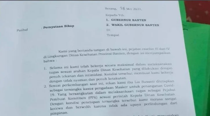 Surat pernyataan pejabat di Dinas Kesehatan (Dinkes) Banten yang mengajukan pengunduran diri dari jabatan. (ist)