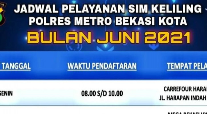 Jadwal SIM Keliling Bekasi Kota Rabu 23 Juni 2021, Simling di Bekasi