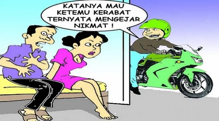 Karikatur Nah Ini Dia: Kendarai Motor Sejauh 132 Km Demi Bongkar Aksi Mesum Bini (kartunis: poskota/ucha)