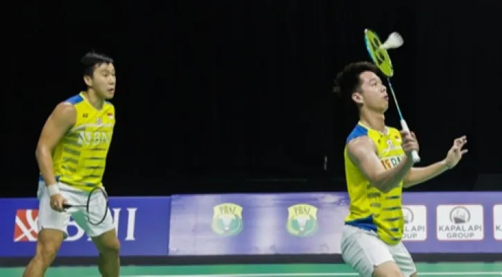 Pasangan ganda putra Indonesia, Kevin Sanjaya Sukamuljo/Marcus Fernaldi Gideon. (foto: pbsi)