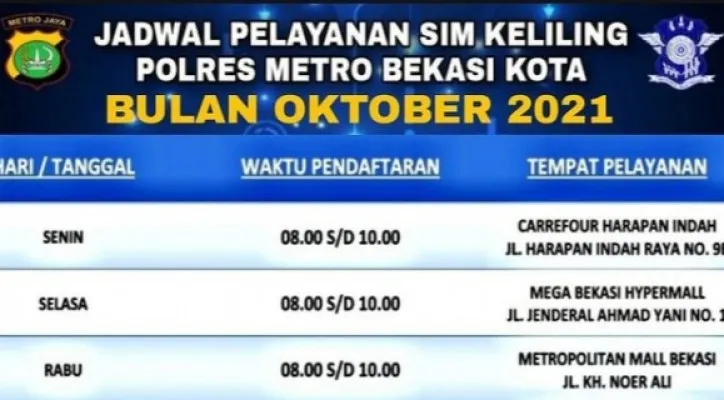 Jadwal SIM Keliling di kawasan Bekasi Kota. (Foto/Tangkapan Layar/@restrobekasikota_official)