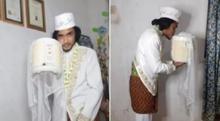 Seorang Pria Menikah dengan Sebuah Rice Cooker (Foto: Facebook.com/Khoirul Anam)