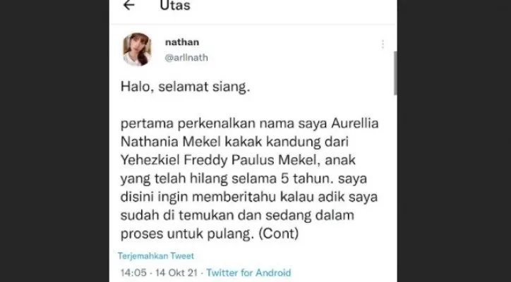 Status sang kakak dalam yang curhat melalui twitter bahwa adiknya sudab ditemukam. (Tangkapan Layar).