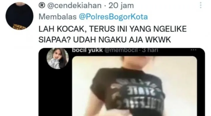 Heboh akun Polresta Bogor di Twitter mendadak jadi sorotan publik. Kali ini ketahuan tanpa sengaja ngelike konten porno. (Foto/Tangkapan Layar/Twitter)