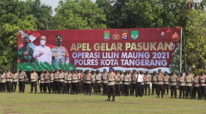 Anggota Polresta Tangerang saat mengikuti Apel Gelar Pasukan. (Foto/Veronica)