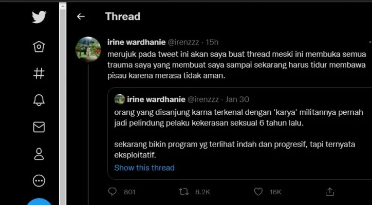 Tangkapan layar post twitter dari akun pribadi miliki Irine Wardhanie @Irenzzz