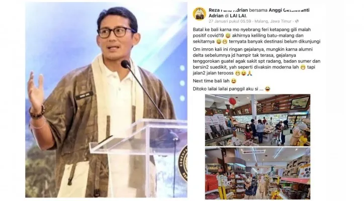 Sandiaga Uno (Kiri) dan unggahan pasturi positif covid-19 yang liburan di malang