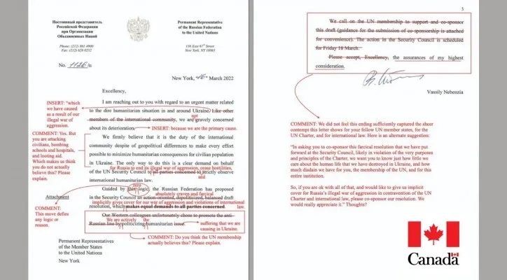 Surat resmi Rusia untuk PBB di coret-coret. Rusia sebut Kanada seperti anak TK saat membubuhi keterangan pada surat resmi Rusia untuk PBB. (Foto: Twitter/CanadaUN)