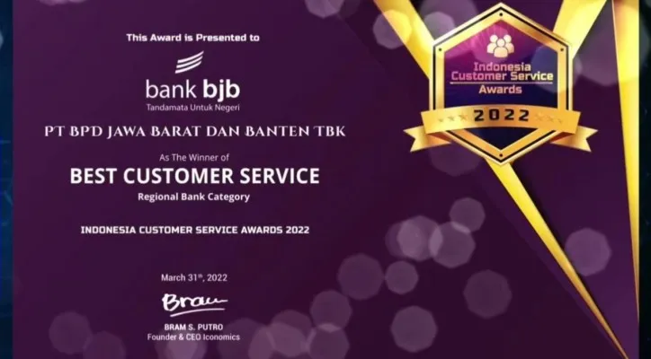 bank bjb Raih Penghargaan Indonesia Costumer Service Awards 2022. (ist)