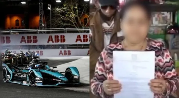 Kolase foto perhelatan Formula E dan PKL Ancol yang menunjukkan surat himbauan larang berjualan selama dua hari jelang dan saat berlangsungnya Formula E Jakarta. (ist)