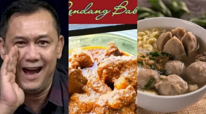 Kolase foto pegiat media sosial,  Denny Siregar, rendang babi dan bakso sapi. (ist/diolah dari google.com)