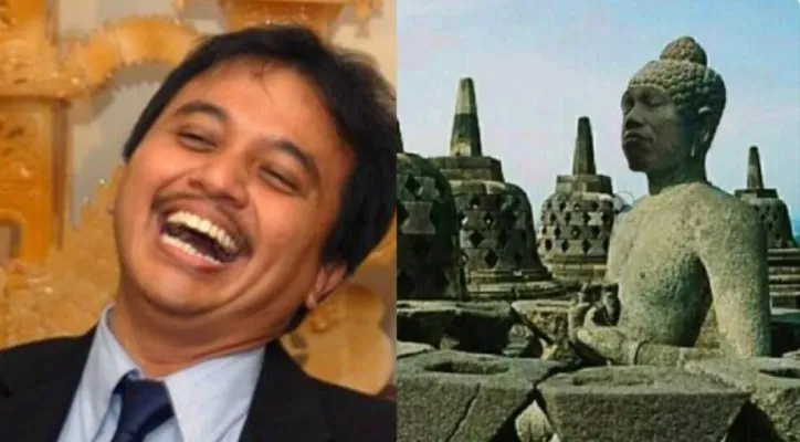 Kolase foto Roy Suryo dan stupa candi Borobudur berwajah mirip Jokowi. (foto: diunggah dari google)