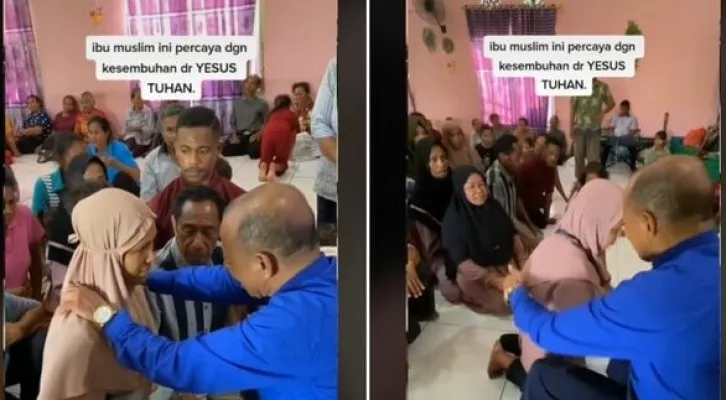 Tangkapan layar video TikTok saat pendeta menyembuhkan penyakit wanita berhijab. (foto: ist)