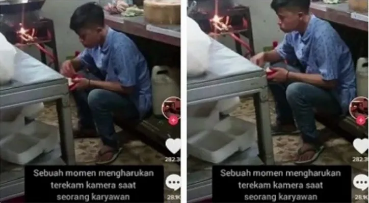 Video seorang pria karyawan restoran makan hanya dengan nasi putih viral di media sosial. (Foto: Tangkapan Layar TikTok/@jayyy_2202)