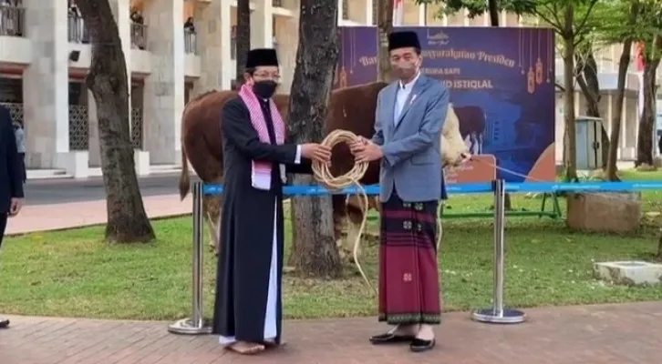 Presiden Jokowi saat menyerahkan sapi kurban seberat 1 ton ke Masjid Istiqlal. (foto: ist)