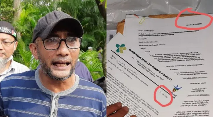 Kolase foto  Babe Aldo alias Ali Ridlo Assegaf dan surat keberatan warga terhadap penerapan aplikasi PeduliLindungi. (ist/diolah dari google.com)