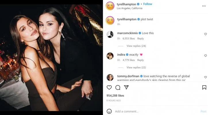 Potret kebersamaan Selena Gomez dan Hailey Bieber. (Foto/Instagram/@tyrellhampton)