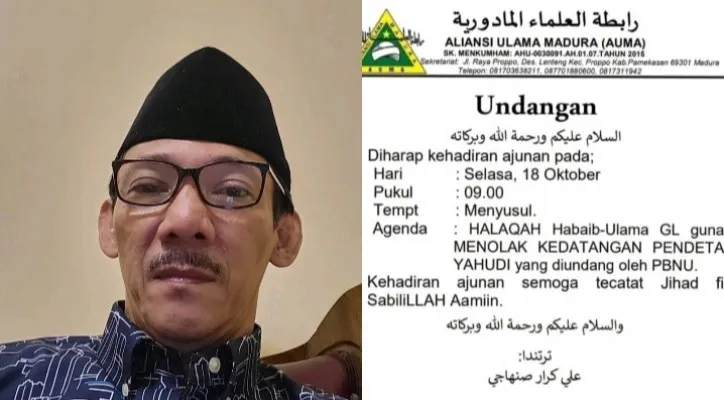 Kolase foto Wakil Katib Syuriah PWNU DKI Jakarta, KH. Muzakki Kholish dan pamflet penolakan kedatangan pemuka Yahudi dari AUMA.