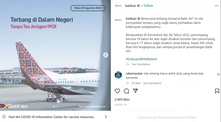 Batik Air batasi kolom komentar. (Tangkapan layar/@batikair)