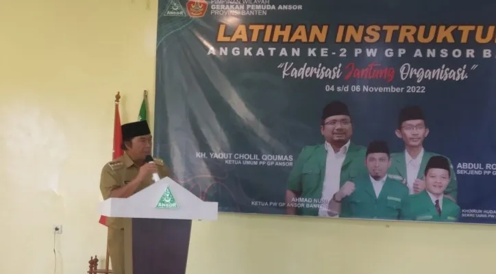 Pj Gubernur Banten Al Muktabar saat memberikan sambutan pada Pelatihan Instruktur 1, Angkatan Ke-2 PW GP Ansor Provinsi Banten. (ist)