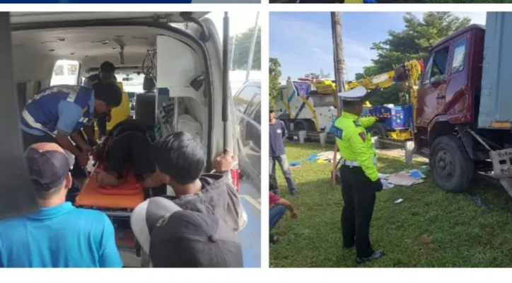 Alami rem blong, truk kontainer hantam pembatas jalan di Tol Jagorawi hingga kernet harus dilarikan ke rumah sakit. (foto: ist)