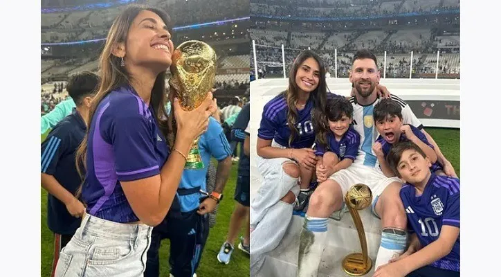 Istri Messi, Antonela Roccuzzo tampak sangat berbahagia dengan pencapaian Messi ikut meraih Piala Dunia 2022 bagi Argentina. (Foto: @antonelaroccuzzo - Instagram)