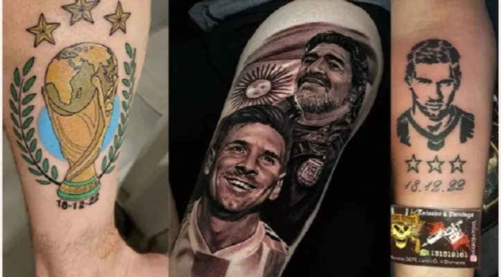 Fans Argentina tergila-gila dengan tato yang terkait dengan Piala Dunia, seperti piala dan gambar Messi. (Foto: marca)