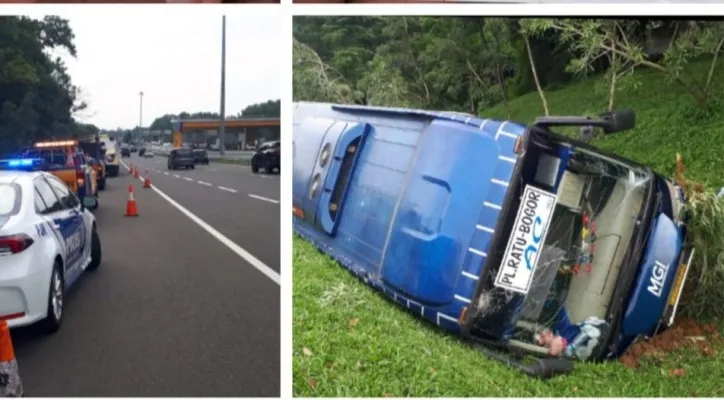 Bus jurusan Bogor - Pelabuhan Ratu terguling di Tol Jagorawi, KM 41, Jum'at (23/12/2022).(ist)