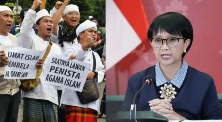 Kolase foto massa Aksi Bela Alquran 301 dan Menteri Luar Negeri RI Retno Marsudi.