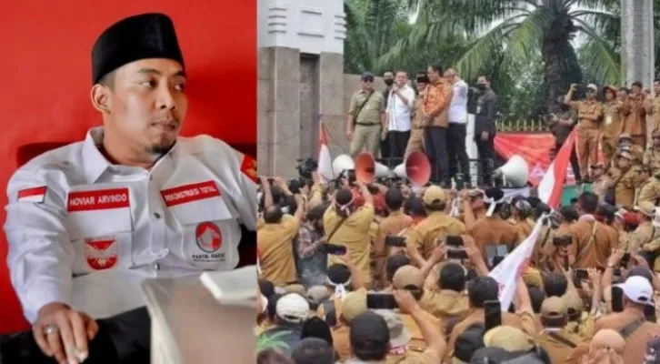 Kolase Ketum Partai Rakyat Arvindo Noviar dan demo perpanjangan masa jabatan kades. (Foto: diolah dari Google).