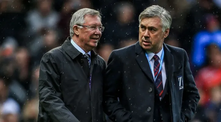 Carlo Ancelotti dan Sir Alex Ferguson masuk dalam jajaran manajer dengan trofi Liga Champions terbanyak. (Foto: Twitter/brfootball)