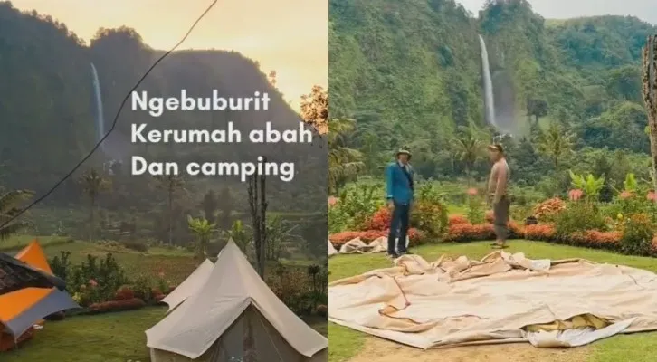 Viral warga camping dekat rumah dengan view air terjun dikritik netizen. (tangkap layar)