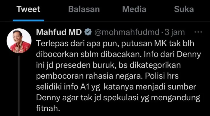 Twiiter Mahfud MD. (tangkapan layar)