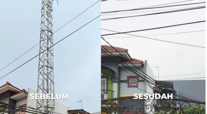 Foto: Menara BTS Ilegal di perumahan Kalideres, Jakarta Barat, dibongkar sendiri oleh pihak provider. (Ist.)