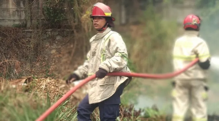 Teks Foto: Petugas Damkar UPT Tapos memadamkan api membakar lahan kosong. (ist)