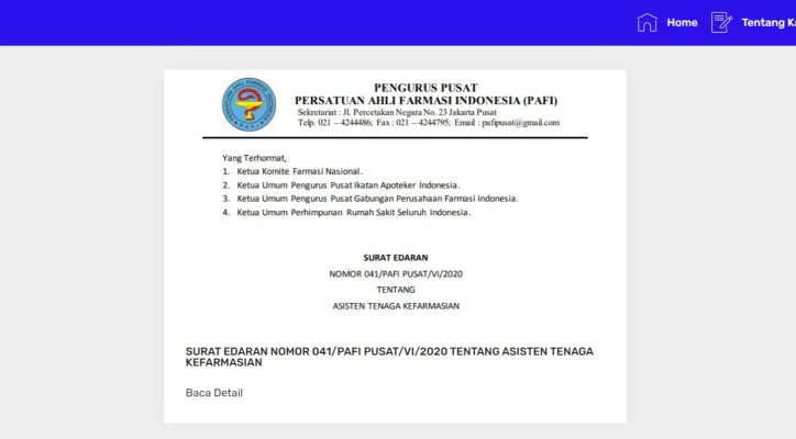 Tangakapan Layar tampilan Website PAFI Kabupaten Sorong.