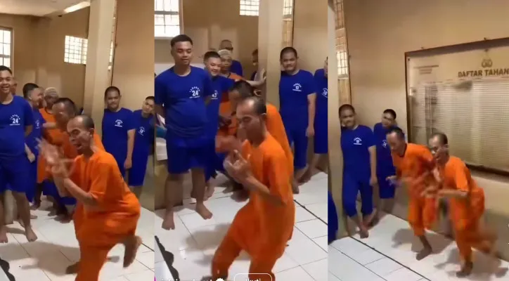 Aksi jodet "patuk ayam" Gunawan Sador dan Toed di balik jeruji besi menghibur napi. (Instagram/@infojawabarat)