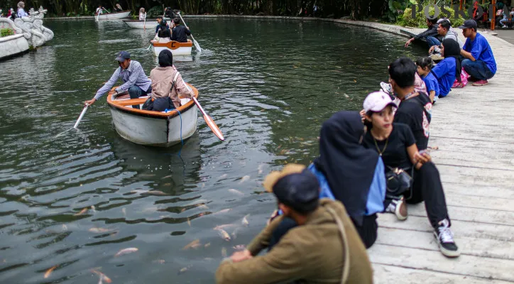 Aktivitas pengunjung saat menikmati wisata akhir pekan di Taman Kemesraan, Malang, Jawa Timur, Minggu (10/11/2024).Taman Kemesraan yang berada di kawasan Malang, Jawa Timur menjadi salah satu alternatif berlibur di akhir pekan dengan menghadirkan beberapa wahana antara lain mengendarai ATV dan e-bike, perahu di kolam berisi bebek, kereta cincin, kolam berenang dan selfie di cermin besar. Poskota/Ahmad Tri Hawaari
