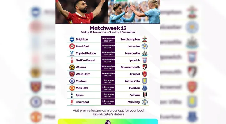 Jadwal lengkap Liga Inggris pekan ke-13 (Instagram @premierleague)