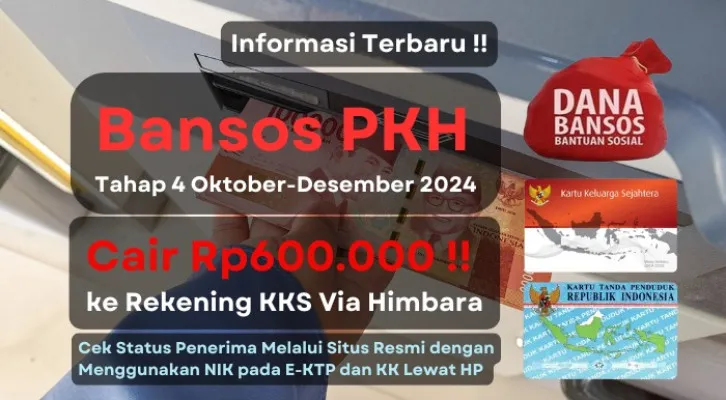 Update informasi penyaluran bansos PKH tahap 4 periode Oktober-Desember 2024, dengan saldo Rp600.000 akan dicairkan ke rekening KKS via Himbara, informasi lengkapnya cek disini. (Poskota/Aldi Harlanda Irawan)