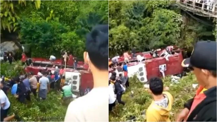 Kecelakaan bus masuk jurang di Guci Tegal, Minggu 7 Mei 2023. Foto: Kolase/Ist.