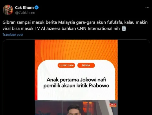 Kabar mengenai akun Fufufafa yang dikaitkan dengan Gibran Rakabuming Raka disiarkan dan masuk berita Malaysia. (X/@Cakk***)