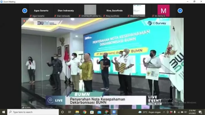 MOU Dekarbonisasi BUMN di Gedung Kementerian BUMN lantai 21, Jalan Medan Merdeka Selatan, Jakpus, secara daring. (Ist)