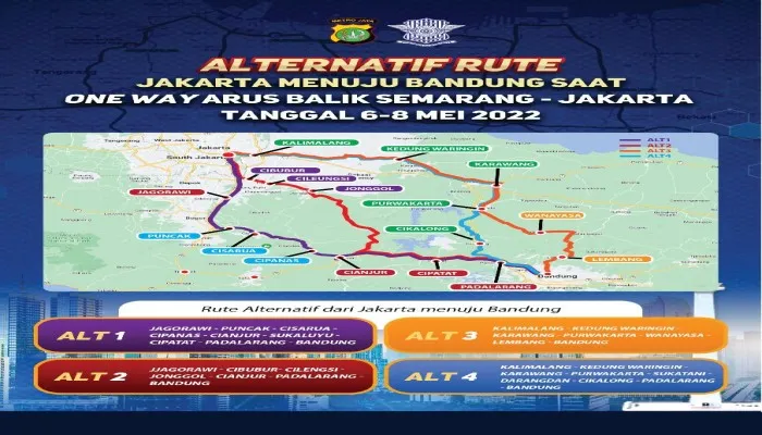 Imbauan rute alternatif menuju Bandung saat penerapan skema One way pada momentum arus balik mudik 2022. (foto: ist)