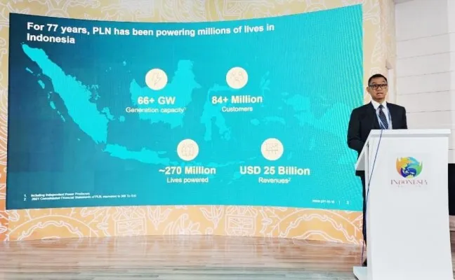 Direktur Utama PLN, Darmawan Prasodjo saat mamaparkan kesuksesan PLN mereduksi 32 metrik ton emisi karbon di tahun 2022 saat acara Decarbonizing Energy Sector for Net Zero Indonesia Pavillion di COP 27 yang digelar di Mesir. (Ist)