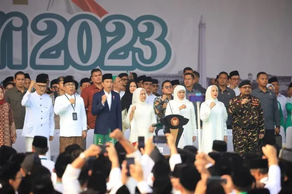 Presiden Joko Widodo saat menghadiri hari Santri Tahun 2023 di Surabaya. (biro pers)