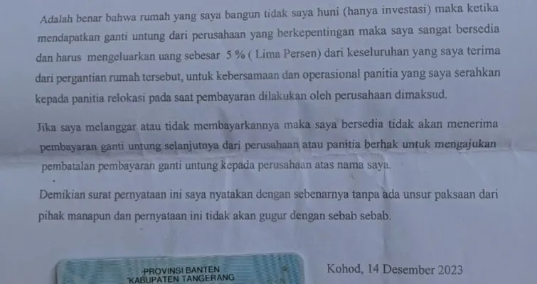 Surat pernyataan dari aparat Desa Kohod yang harus ditandatangani warga. (Dok. Warga)