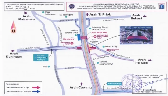 Pemetaan rekayasa lalu lintas di di Jalan D.I Panjaitan, Jakarta Timur dengan adanya pekerjaan Erection Girder Tol Becakayu. (foto: ist)