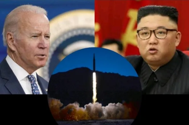 Kolase foto Joe Biden, uji coba rudal Korea Utara, dan Kim Jong Un. (Foto: Diolah dari google).